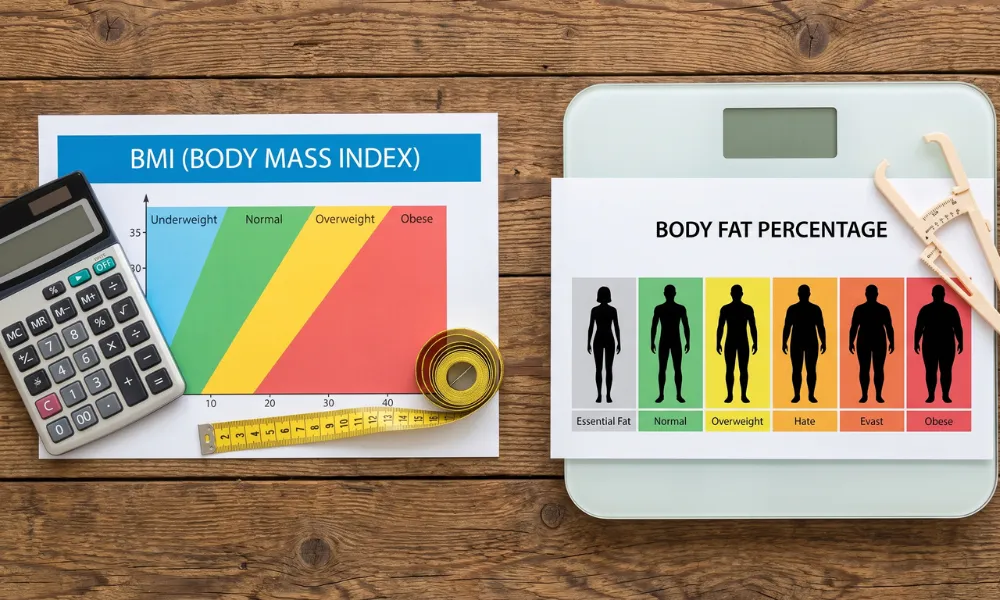 BMI vs body fat percentage comparison showing body composition analysis tools and fitness assessment for accurate health measurement.
