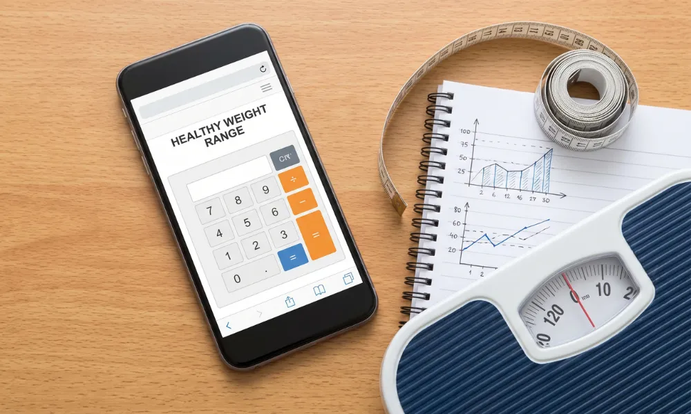 deal weight calculator guide showing healthy weight tracking with a smart scale and digital health tools.
