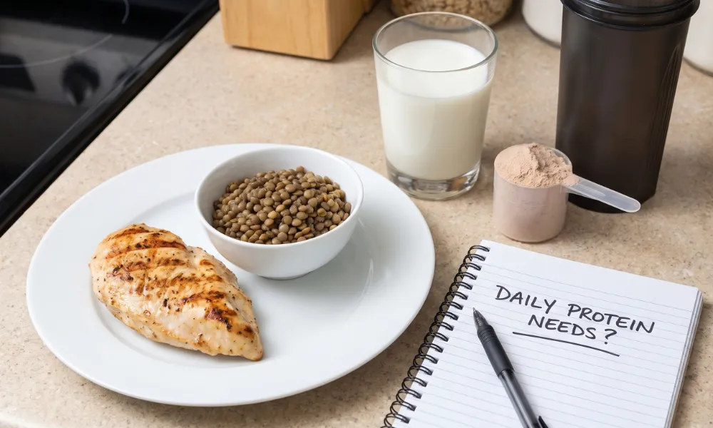 Protein-rich meal with lean chicken breast, lentils, milk, and protein shake for meeting daily protein requirements.
